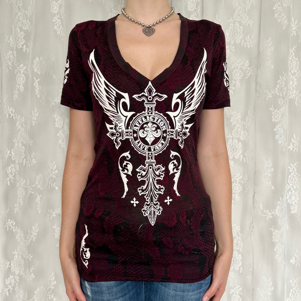 Cyber Y2K Grunge Burgundy T-Shirt With Gothic Graphics
